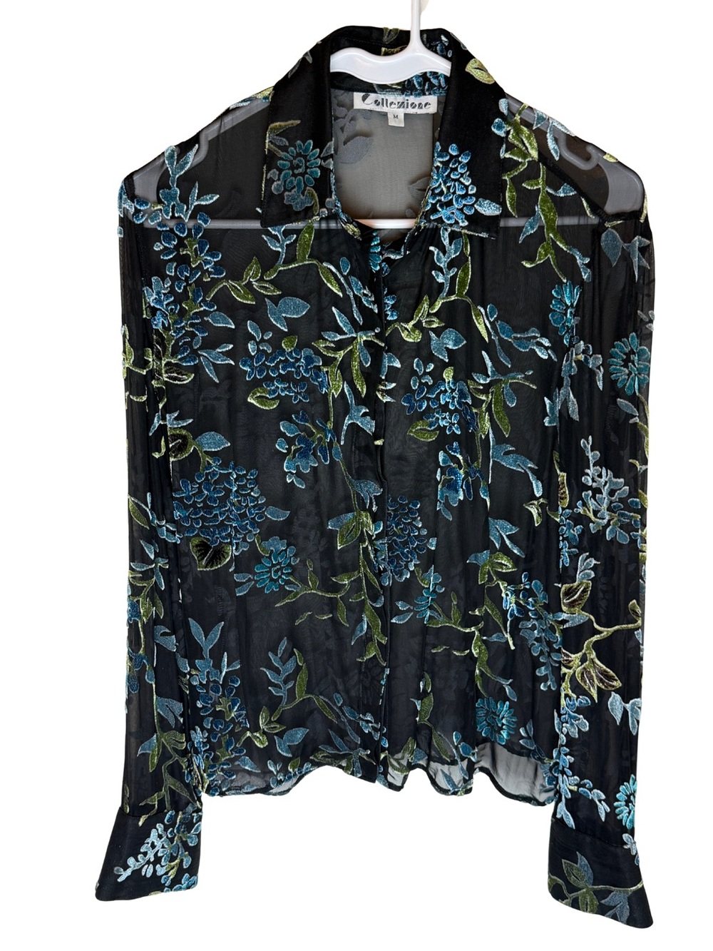 Vintage 90s Collezione Sheer
Burnout Velvet Floral Blouse Black M Made in USA